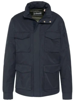 Parka marine à coupe droite pourvue d'un col montant à boutons pression