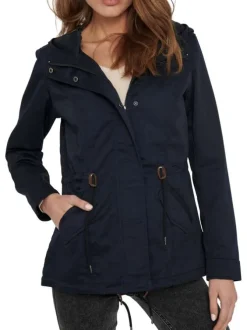 Parka marine unie coupe droite avec un col à capuche et poches latérales