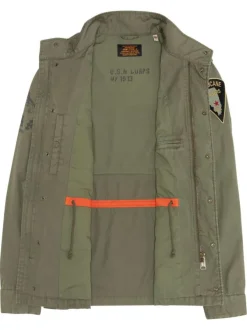 Parka militaire en coton kaki pourvue d'un col montant à boutons pression