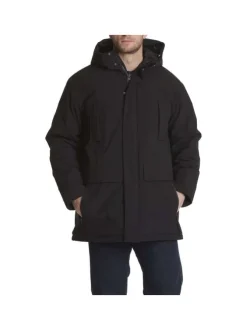 Parka noire unie avec une coupe droite et un col montant à capuche