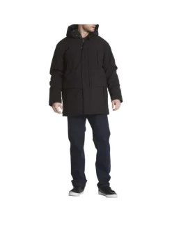 Parka noire unie avec une coupe droite et un col montant à capuche