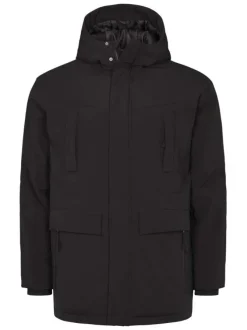 Parka noire unie avec une coupe droite et un col montant à capuche