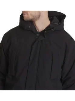 Parka noire unie avec une coupe droite et un col montant à capuche