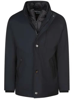 Parka noire unie à coupe droite avec col montant et multiples poches zippées