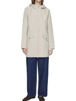 Parka taupe uni avec une coupe droite à col à capuche et une fermeture zippée
