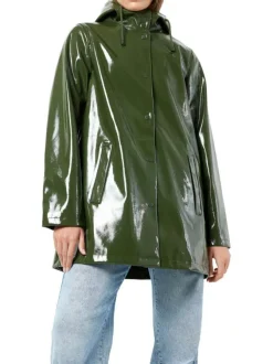 Parka vert uni pourvu d'une coupe droite à capuche et de multiples poches