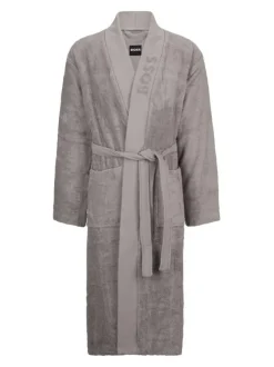 Peignoir en coton anthracite uni coupe droite col cache-coeur
