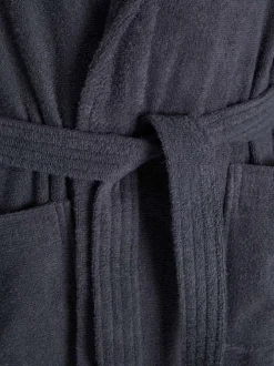 Peignoir en coton biologique anthracite uni à col châle avec ceinture et poches
