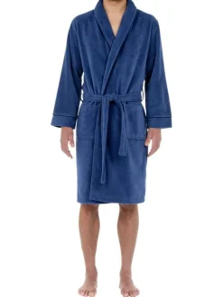 Peignoir en coton bleu uni avec une coupe droite et un col châle