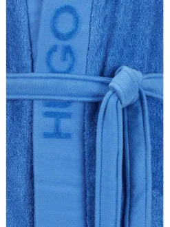 Peignoir en coton bleu uni coupe droite avec un col cache-coeur