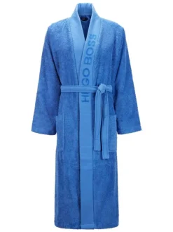 Peignoir en coton bleu uni coupe droite avec un col cache-coeur