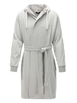 Peignoir en coton gris uni coupe droite avec un col à capuche