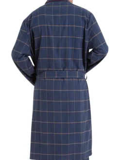 Peignoir en coton marine tartan avec une coupe droite et un col châle
