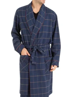 Peignoir en coton marine tartan avec une coupe droite et un col châle