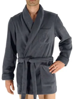 Peignoir gris anthracite mi-long avec ceinture et poche à logo brodé à manches longues