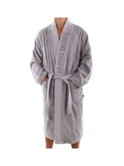 Peignoir gris en 100% coton uni coupe régular avec un col châle