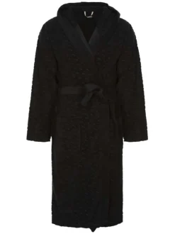 Peignoir long en coton mélangé noir uni avec une coupe fermée et un col à capuche
