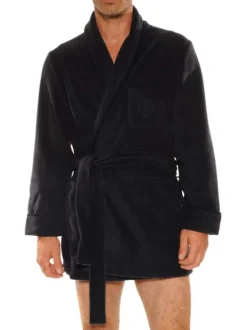 Peignoir marine uni avec une coupe droite et un col châle