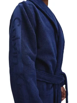 Peignoir marine uni coupe portefeuille avec un col cranté et des poches avants latérales
