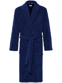 Peignoir marine uni coupe portefeuille avec un col cranté et des poches avants latérales