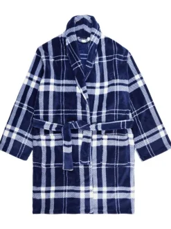 Peignoir marine vichy coupe large avec un col cache-coeur et des liens plats à la taille