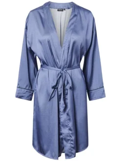 Peignoir style kimono bleu à pois à coupe fluide et col croisé