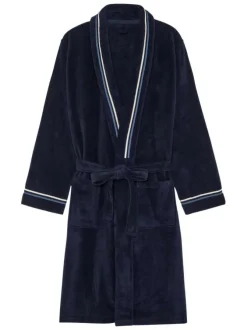 Peignoir Transat en coton marine à col kimono avec liseré blanc et bleu au col et aux extrémités des manches