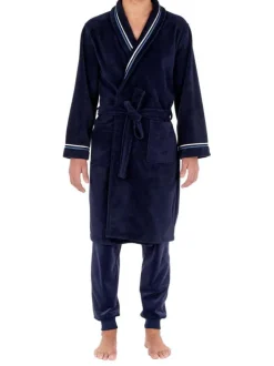 Peignoir Transat en coton marine à col kimono avec liseré blanc et bleu au col et aux extrémités des manches