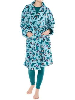 Peignoir vert imprimé coupe large avec un col cache-coeur et un liseré rose aux extrémités