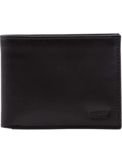 Petit portefeuille en cuir noir uni format italien avec le logo embossé