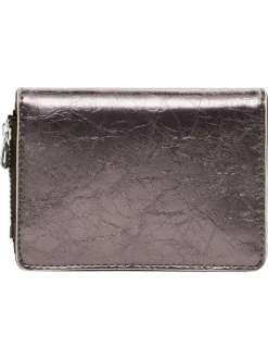 Petit porte-monnaie gris métallisé fermé par un zip et tressé sur les bords