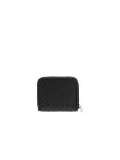 Petit porte-monnaie noir uni tressé fermé par un zip avec le nom de la marque