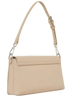 Petit sac à main porté épaule beige uni lisse avec le nom de la marque