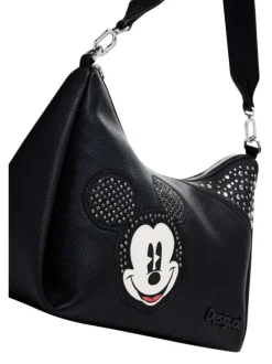 Petit sac porté épaule noir à strass et clous avec un patch Mickey à l'avant