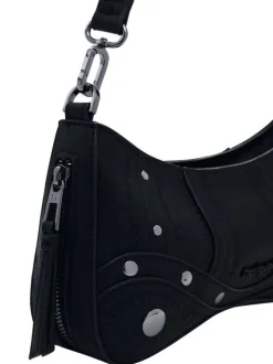Petit sac porté épaule noir uni avec des détails brodés et des clous métalliques