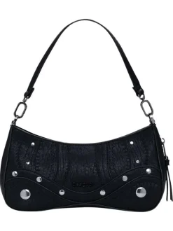 Petit sac porté épaule noir uni avec des détails brodés et des clous métalliques