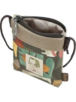 Pochette beige avec des imprimés et bandoulière en cordon tressé