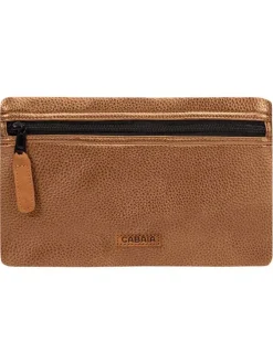 Pochette camel unie texturée avec fermeture zippée noire à l'avant