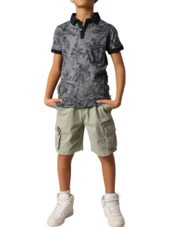 Polo en coton bleu marine rayé à imprimé palmiers avec une coupe droite