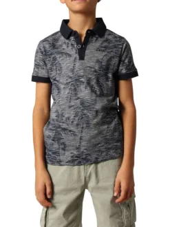 Polo en coton bleu marine rayé à imprimé palmiers avec une coupe droite