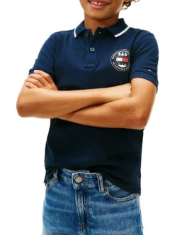 Polo en coton marine à coupe droite pourvu d'un col à revers boutonné