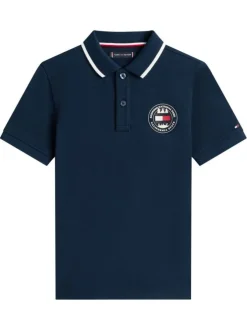 Polo en coton marine à coupe droite pourvu d'un col à revers boutonné