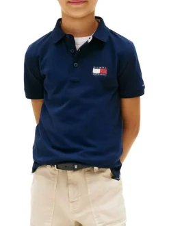 Polo en coton marine à coupe droite pourvu d'un col à revers boutonné
