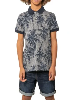 Polo en coton marine à motifs pourvu de manches courtes et d'une coupe droite
