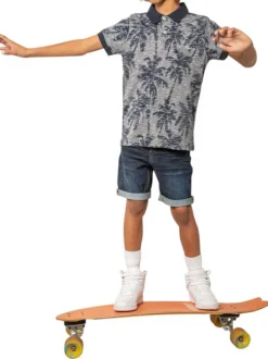 Polo en coton marine à motifs pourvu de manches courtes et d'une coupe droite