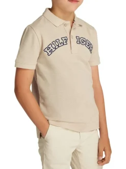 Polo en coton régénératif beige à imprimé, coupe droite et col polo