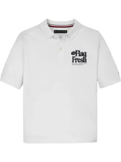 Polo en coton régénératif blanc imprimé au dos, coupe droite et col polo