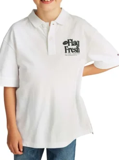 Polo en coton régénératif blanc imprimé au dos, coupe droite et col polo