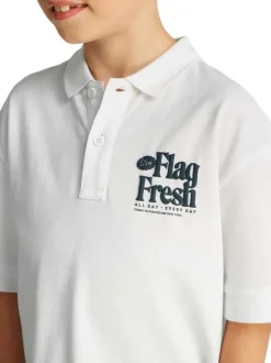 Polo en coton régénératif blanc imprimé au dos, coupe droite et col polo