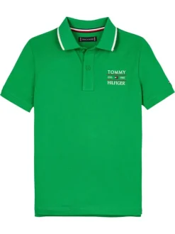 Polo en coton régénératif vert uni à coupe droite, col polo et marque